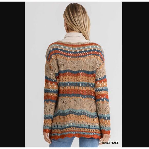 Umgee Multicolor Crochet Stripe Pullover Sweater With Scalloped Hem - Picture 3 of 12